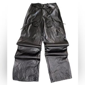 Boohoo Faux Leather Wide Leg Pants Size 14 NWT Tie Waist Back Zipper High Waist